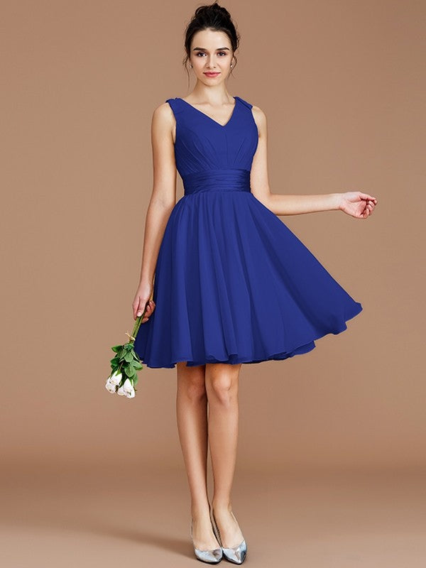 A-Line Charming V-neck Sleeveless Sash/Ribbon/Belt Short/Mini Chiffon Bridesmaid Dresses