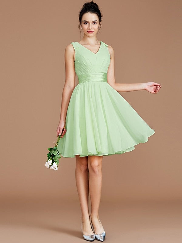 A-Line Charming V-neck Sleeveless Sash/Ribbon/Belt Short/Mini Chiffon Bridesmaid Dresses