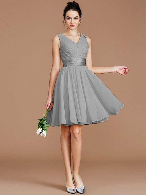 A-Line Charming V-neck Sleeveless Sash/Ribbon/Belt Short/Mini Chiffon Bridesmaid Dresses