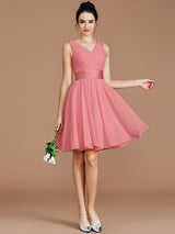 A-Line Charming V-neck Sleeveless Sash/Ribbon/Belt Short/Mini Chiffon Bridesmaid Dresses