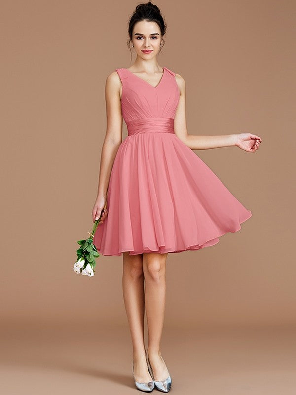 A-Line Charming V-neck Sleeveless Sash/Ribbon/Belt Short/Mini Chiffon Bridesmaid Dresses