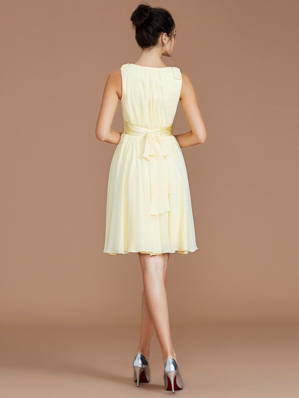 A-Line Charming V-neck Sleeveless Sash/Ribbon/Belt Short/Mini Chiffon Bridesmaid Dresses