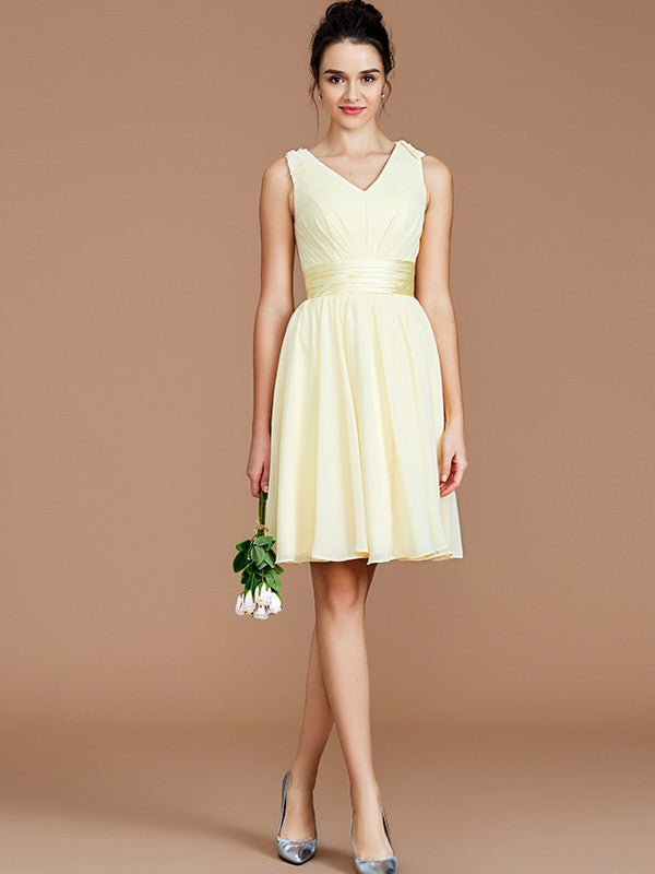 A-Line Charming V-neck Sleeveless Sash/Ribbon/Belt Short/Mini Chiffon Bridesmaid Dresses