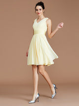 A-Line Charming V-neck Sleeveless Sash/Ribbon/Belt Short/Mini Chiffon Bridesmaid Dresses