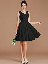 A-Line Charming V-neck Sleeveless Sash/Ribbon/Belt Short/Mini Chiffon Bridesmaid Dresses