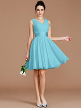 A-Line Charming V-neck Sleeveless Sash/Ribbon/Belt Short/Mini Chiffon Bridesmaid Dresses