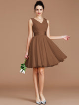 A-Line Charming V-neck Sleeveless Sash/Ribbon/Belt Short/Mini Chiffon Bridesmaid Dresses