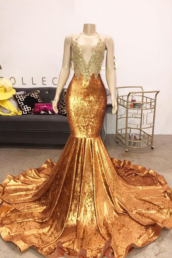 Looking for Prom Dresses, Evening Dresses, Real Model Series in Velvet,  Mermaid style,  and Gorgeous Appliques work? stylesnuggle has all covered on this elegant V-neck Halter Beading Sequins Court Train Mermaid Prom Dresses.