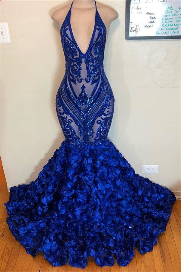 stylesnuggle offers V-neck Halter Sequins Pattern Floral Sweep Train Prom Dresses at a cheap price from  Mermaid hem.. Get prom  ready with our Gorgeous yet affordable Sleeveless Real Model Series.