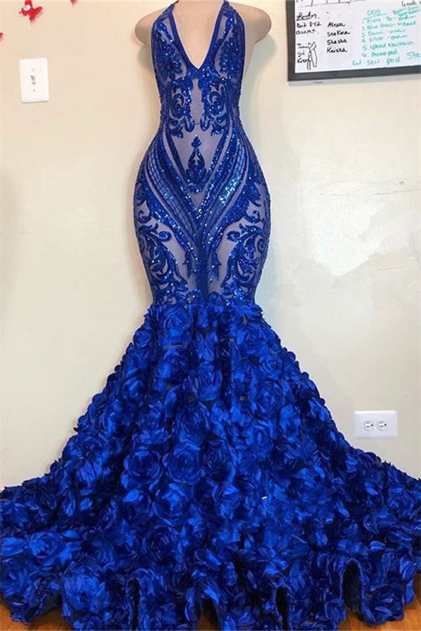 stylesnuggle offers V-neck Halter Sequins Pattern Floral Sweep Train Prom Dresses at a cheap price from  Mermaid hem.. Get prom  ready with our Gorgeous yet affordable Sleeveless Real Model Series.