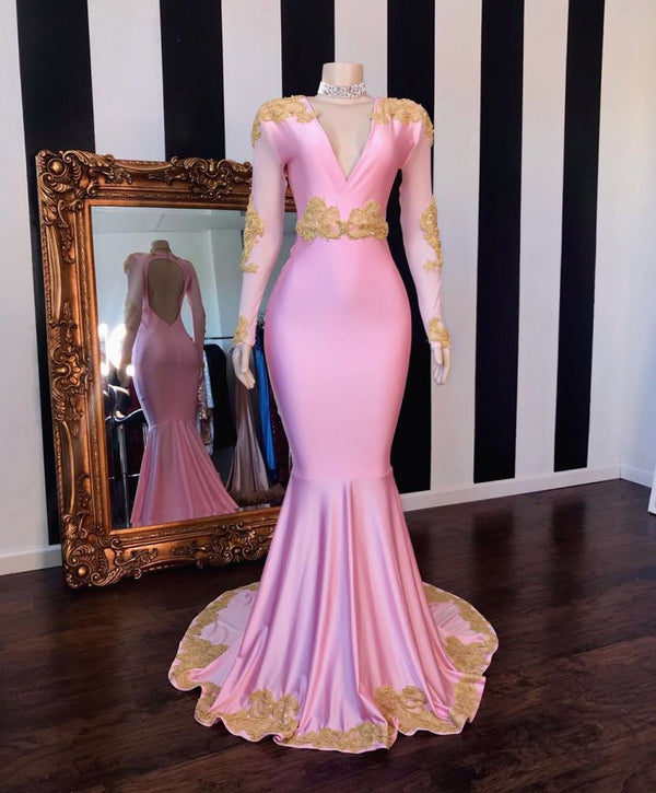 Looking for Prom Dresses, Evening Dresses, Real Model Series in Satin,  Mermaid style,  and Gorgeous Pattern work? stylesnuggle has all covered on this elegant V-neck Long Sleevess Open Back Pink Mermaid Appliques Prom Gowns.