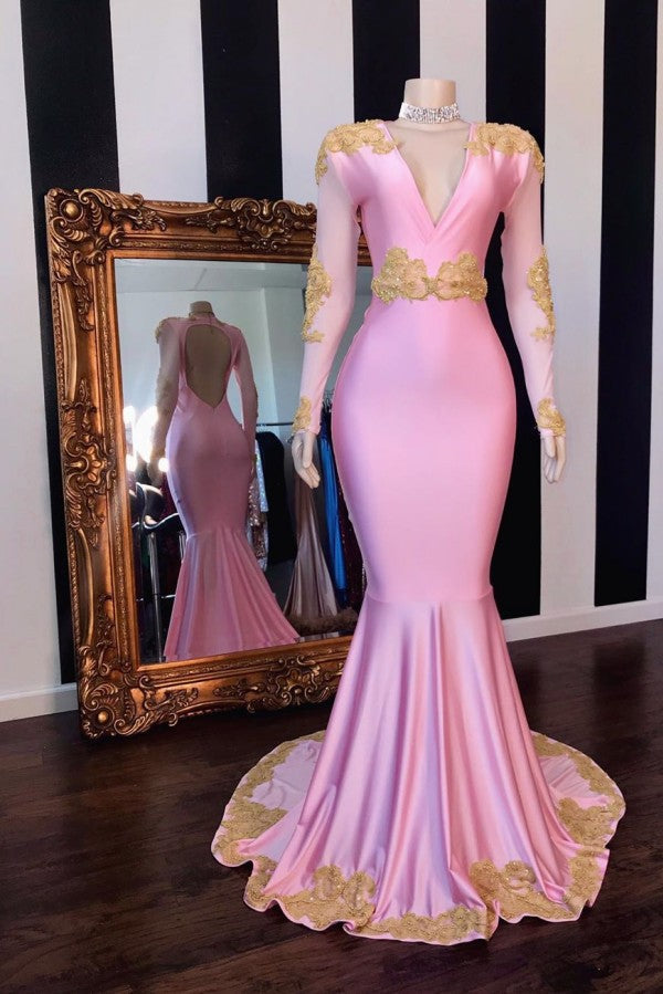 Looking for Prom Dresses, Evening Dresses, Real Model Series in Satin,  Mermaid style,  and Gorgeous Pattern work? stylesnuggle has all covered on this elegant V-neck Long Sleevess Open Back Pink Mermaid Appliques Prom Gowns.