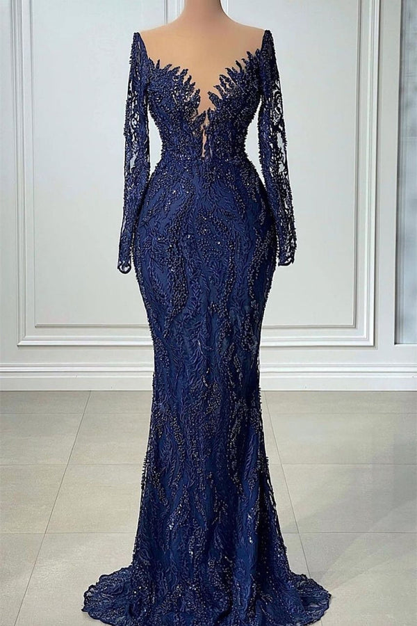 V-neck Mermaid Lace Floor-length Long Sleeve Sequined Prom Dress-stylesnuggle