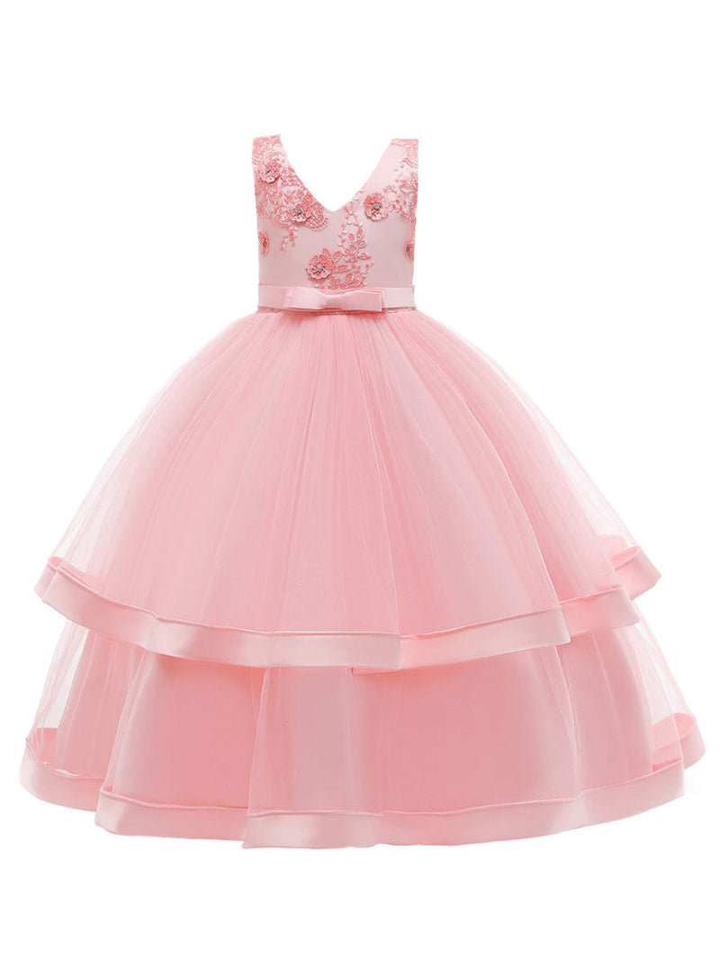 flower girl dresses V Neck Polyester Cotton Sleeveless Ankle Length Princess Silhouette Embroidered Kids Party Dresses