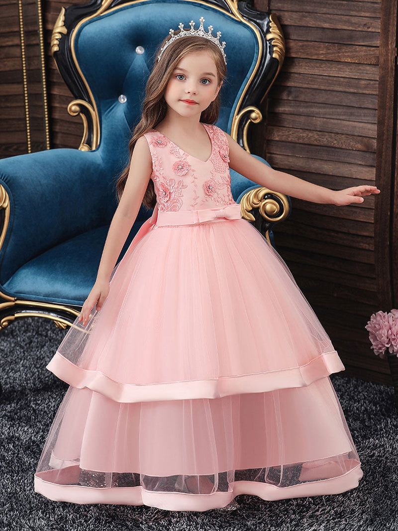 flower girl dresses V Neck Polyester Cotton Sleeveless Ankle Length Princess Silhouette Embroidered Kids Party Dresses