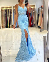 stylesnuggle offers V-neck Sky Blue High Split Special Lace Design Evening Dress at a cheap price from Lace to Mermaid Floor-length hem.. Get Gorgeous yet affordable Long Sleevess Prom Dresses, Evening Dresses, Mother dress.