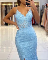 stylesnuggle offers V-neck Sky Blue High Split Special Lace Design Evening Dress at a cheap price from Lace to Mermaid Floor-length hem.. Get Gorgeous yet affordable Long Sleevess Prom Dresses, Evening Dresses, Mother dress.