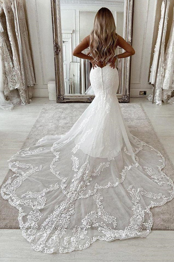 V-Neck Sleeveless Appliques Lace Mermaid Long Wedding Dresses-stylesnuggle