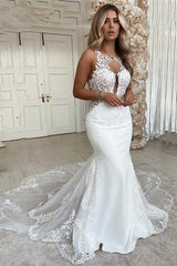 V-Neck Sleeveless Appliques Lace Mermaid Long Wedding Dresses-stylesnuggle