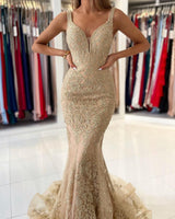 V-Neck Sleeveless Mermaid Evening Dress With Gold Appliques-stylesnuggle