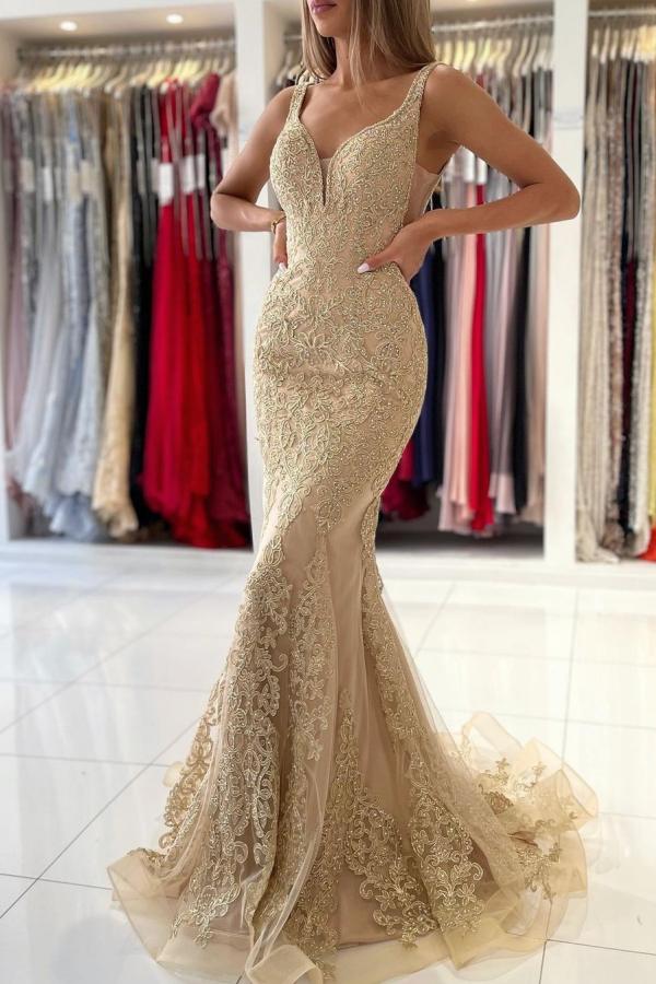 V-Neck Sleeveless Mermaid Evening Dress With Gold Appliques-stylesnuggle