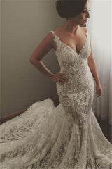 V neck Sleeveless Mermaid Wedding Dresses Modern Lace Appliques Bridal Gown-stylesnuggle