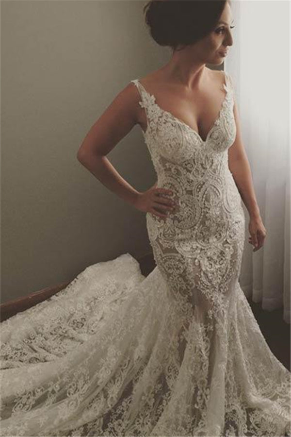 V neck Sleeveless Mermaid Wedding Dresses Modern Lace Appliques Bridal Gown-stylesnuggle