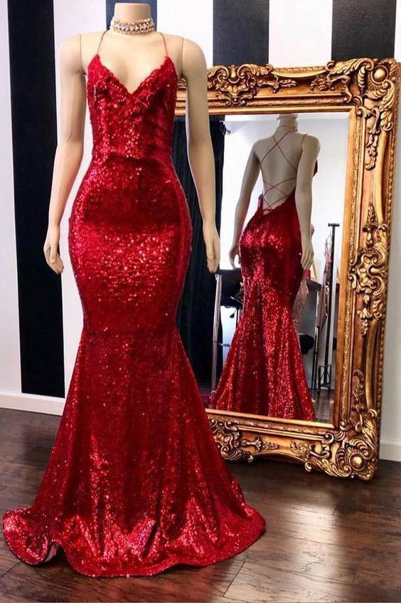 Looking for Prom Dresses, Evening Dresses, Real Model Series in Stretch Satin,  Mermaid style,  and Gorgeous work? stylesnuggle has all covered on this elegant V-neck Sleeveless Spaghetti Sequins Mermaid Long Prom Dresses.