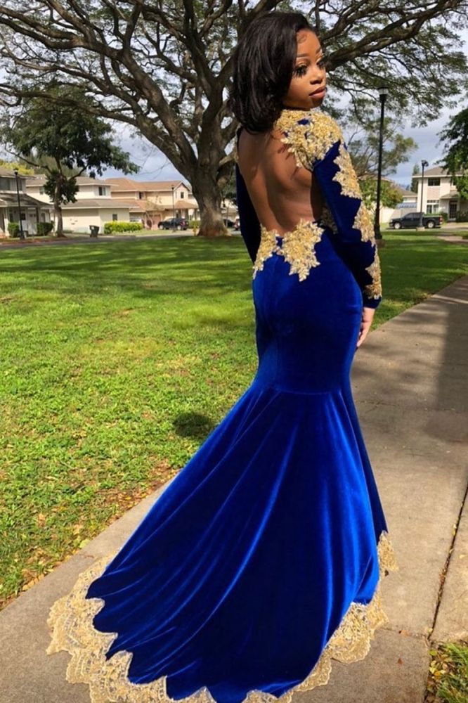 Looking for Prom Dresses, Evening Dresses in Velvet,  Mermaid style,  and Gorgeous Appliques, Split Front work? stylesnuggle has all covered on this elegant Velvet Long Sleeves Mermaid Evening Gowns Front Split Gold Apliques Prom Party Gowns Royal Blue.