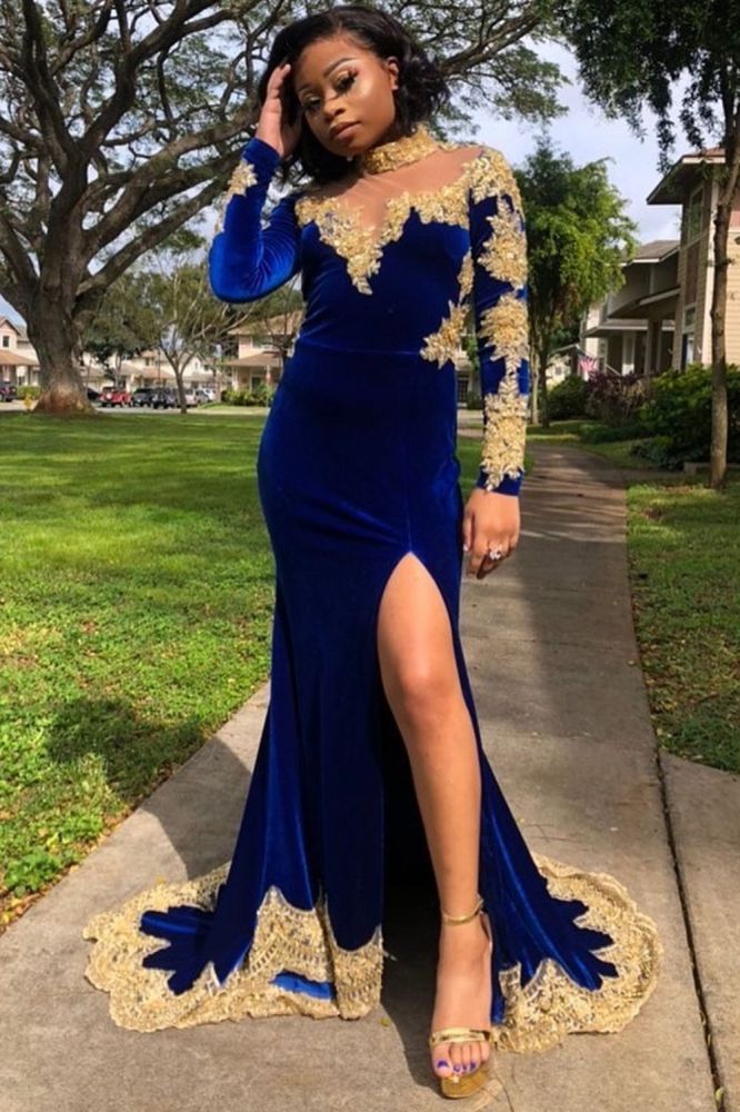 Looking for Prom Dresses, Evening Dresses in Velvet,  Mermaid style,  and Gorgeous Appliques, Split Front work? stylesnuggle has all covered on this elegant Velvet Long Sleeves Mermaid Evening Gowns Front Split Gold Apliques Prom Party Gowns Royal Blue.