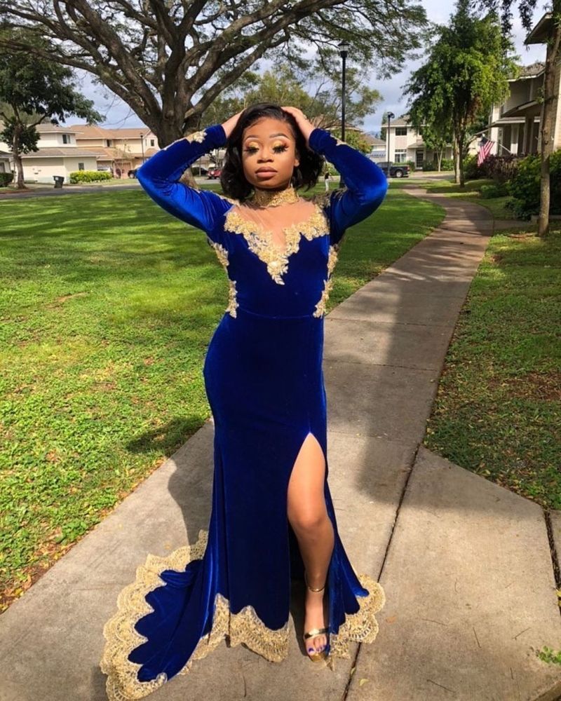 Looking for Prom Dresses, Evening Dresses in Velvet,  Mermaid style,  and Gorgeous Appliques, Split Front work? stylesnuggle has all covered on this elegant Velvet Long Sleeves Mermaid Evening Gowns Front Split Gold Apliques Prom Party Gowns Royal Blue.