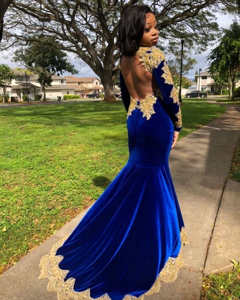 Looking for Prom Dresses, Evening Dresses in Velvet,  Mermaid style,  and Gorgeous Appliques, Split Front work? stylesnuggle has all covered on this elegant Velvet Long Sleeves Mermaid Evening Gowns Front Split Gold Apliques Prom Party Gowns Royal Blue.