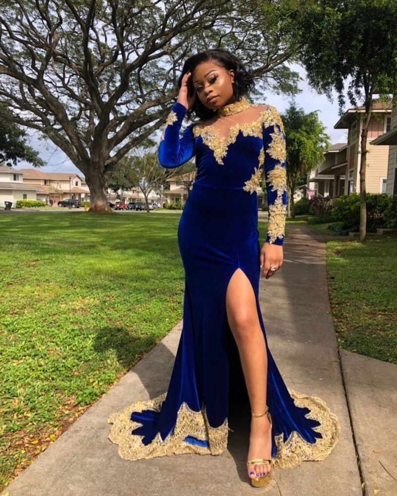 Looking for Prom Dresses, Evening Dresses in Velvet,  Mermaid style,  and Gorgeous Appliques, Split Front work? stylesnuggle has all covered on this elegant Velvet Long Sleeves Mermaid Evening Gowns Front Split Gold Apliques Prom Party Gowns Royal Blue.