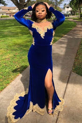 Looking for Prom Dresses, Evening Dresses in Velvet,  Mermaid style,  and Gorgeous Appliques, Split Front work? stylesnuggle has all covered on this elegant Velvet Long Sleeves Mermaid Evening Gowns Front Split Gold Apliques Prom Party Gowns Royal Blue.