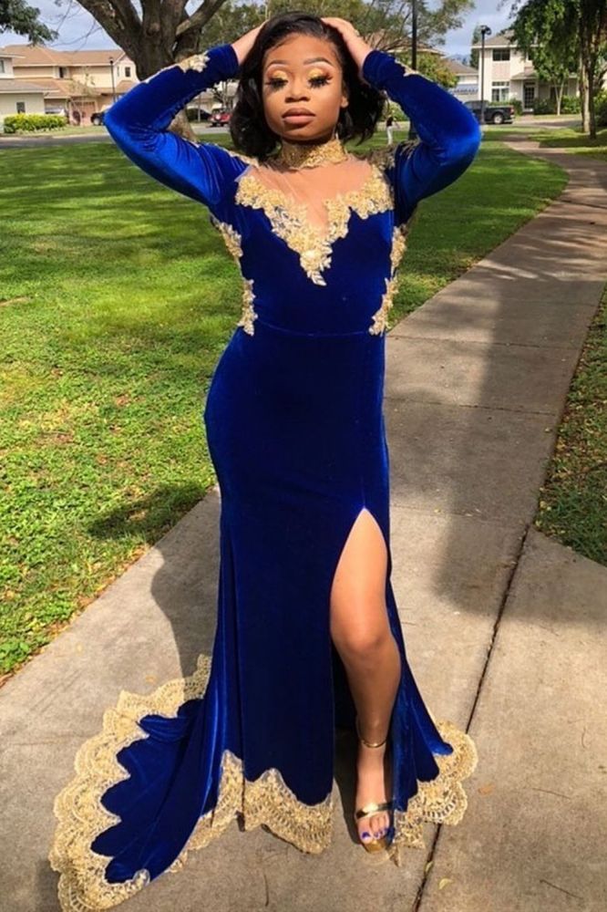 Looking for Prom Dresses, Evening Dresses in Velvet,  Mermaid style,  and Gorgeous Appliques, Split Front work? stylesnuggle has all covered on this elegant Velvet Long Sleeves Mermaid Evening Gowns Front Split Gold Apliques Prom Party Gowns Royal Blue.