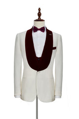 Velvet Shawl Collar White Wedding Tuxedos Three Piece Wedding Suits with Burgundy Vest-stylesnuggle