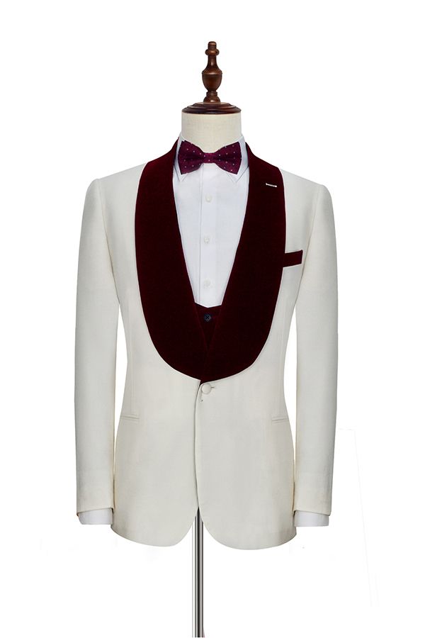 Velvet Shawl Collar White Wedding Tuxedos Three Piece Wedding Suits with Burgundy Vest-stylesnuggle