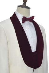 Velvet Shawl Collar White Wedding Tuxedos Three Piece Wedding Suits with Burgundy Vest-stylesnuggle