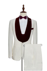 Velvet Shawl Collar White Wedding Tuxedos Three Piece Wedding Suits with Burgundy Vest