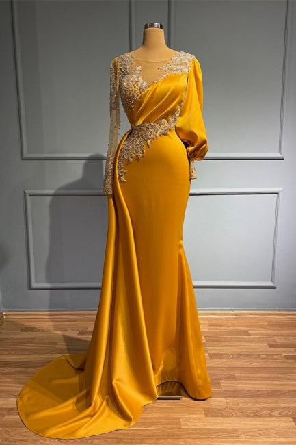 Vintage Jewel Asymmetric Beading Long Sleeves Evening Prom Dresses with Appliques-stylesnuggle