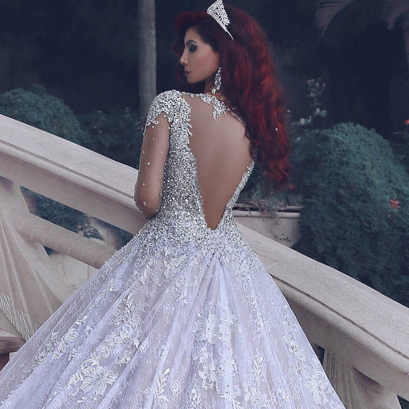 stylesnuggle offers Vintage Luxurious Muslim Crystal Beading Cathedral-Train Sheer Lace Wedding Dress at factory price ,all made in high quality.