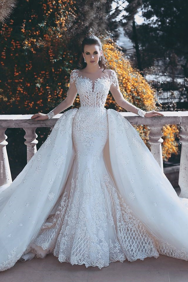 stylesnuggle offers Vintage Mermaid Overskirts Long Lace Wedding Dresses at factory price, avaolable in White,Ivory,Champagne,Blushing Pink,Red,Black, fast delivery worldwide.