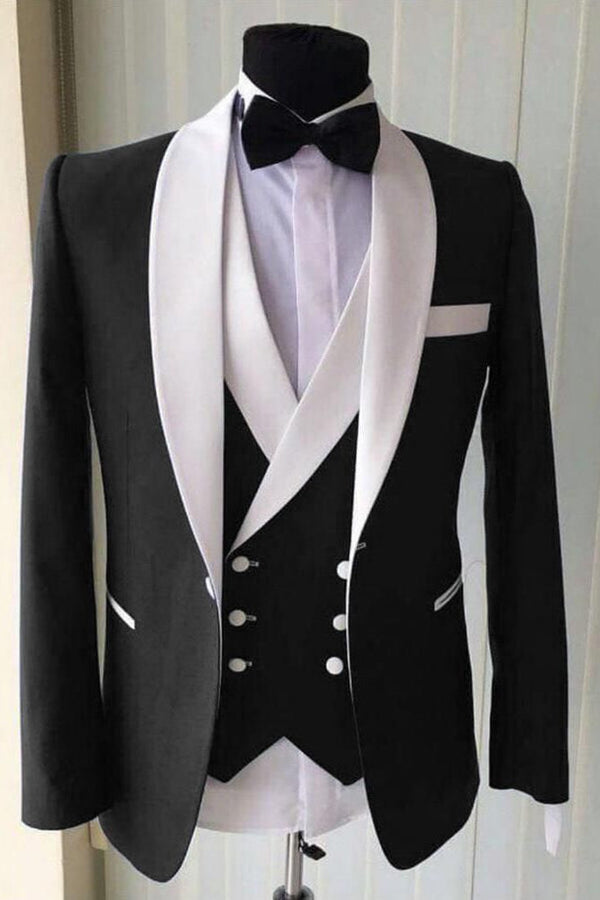 This Wedding Groom White Lapel Shawl Lapel Well-cut Three-piece Black Men Suit for Formal at stylesnuggle comes in all sizes for prom, wedding and business. Shop an amazing selection of Shawl Lapel Single Breasted Black & White mens suits in cheap price.