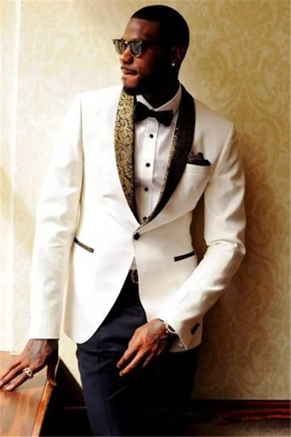 stylesnuggle made this Wedding Suits groom Mens Suits, Formal Jacquard Best Men Marriage Tuxedos with rush order service. Discover the design of this White Solid Shawl Lapel Single Breasted mens suits cheap for prom, wedding or formal business occasion.