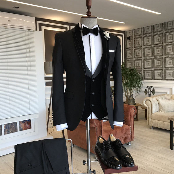 Discover Well-cut 3-pieces Black Shawl Lapel Slim Fit wedding tuxedos For Grooms with stylesnuggle. Shop for a range of Black Shawl Lapel Men Suits for every occasion with rush order service in cheap price.