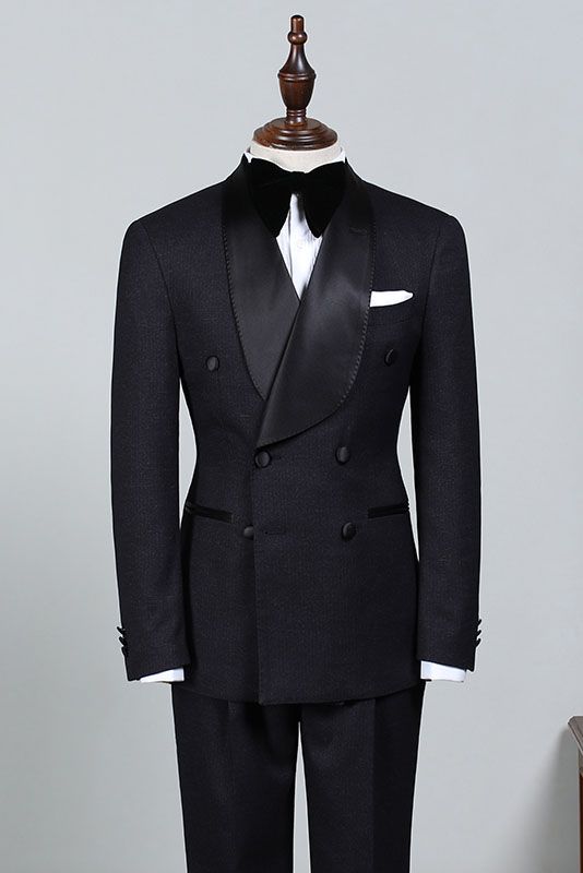 stylesnuggle is your ultimate source for Well-cut All Black Double Breasted Bespoke Wedding Suit For Grooms. Our Black Shawl Lapel wedding groom Men Suits come in Bespoke styles &amp; colors with high quality and free shipping.