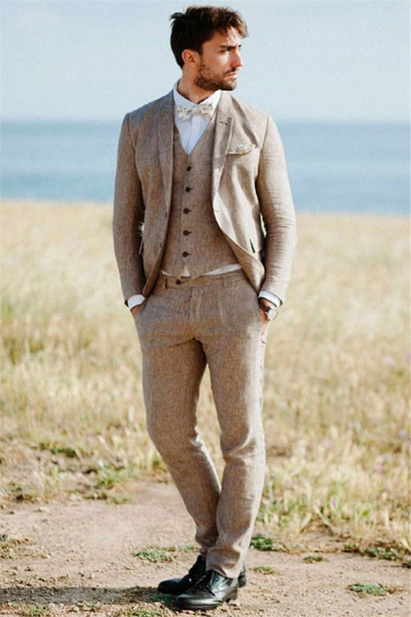 stylesnuggle made this Khaki Linen Summer Beach Mens Well-cut Suits, Groom Wedding Tuxedos with Three-pieces with rush order service. Discover the design of this Khaki Solid Notched Lapel Single Breasted mens suits cheap for prom, wedding or formal business occasion.