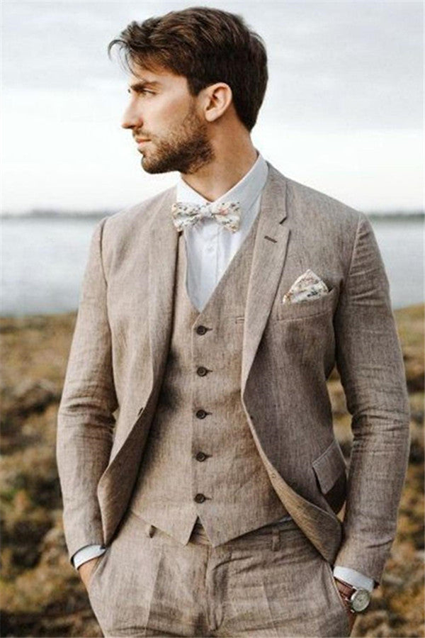 stylesnuggle made this Khaki Linen Summer Beach Mens Well-cut Suits, Groom Wedding Tuxedos with Three-pieces with rush order service. Discover the design of this Khaki Solid Notched Lapel Single Breasted mens suits cheap for prom, wedding or formal business occasion.