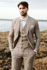 stylesnuggle made this Khaki Linen Summer Beach Mens Well-cut Suits, Groom Wedding Tuxedos with Three-pieces with rush order service. Discover the design of this Khaki Solid Notched Lapel Single Breasted mens suits cheap for prom, wedding or formal business occasion.