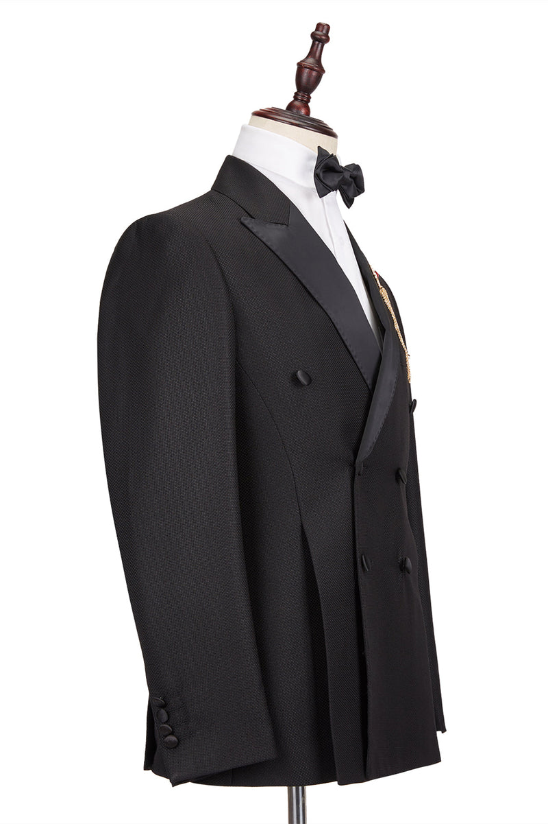 This Well-cut Satin Peak Lapel Double Breasted Black Men Wedding Suit Groom Tuxedos at stylesnuggle comes in all sizes for prom, wedding and business. Shop an amazing selection of Peaked Lapel Double Breasted Black mens suits in cheap price.